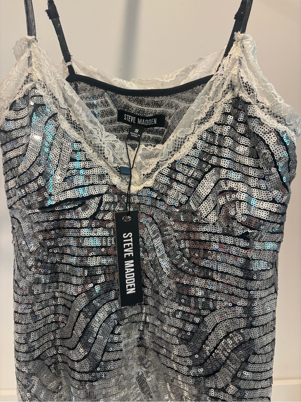 Steve Madden Silver Sequin Lace Trim Cami